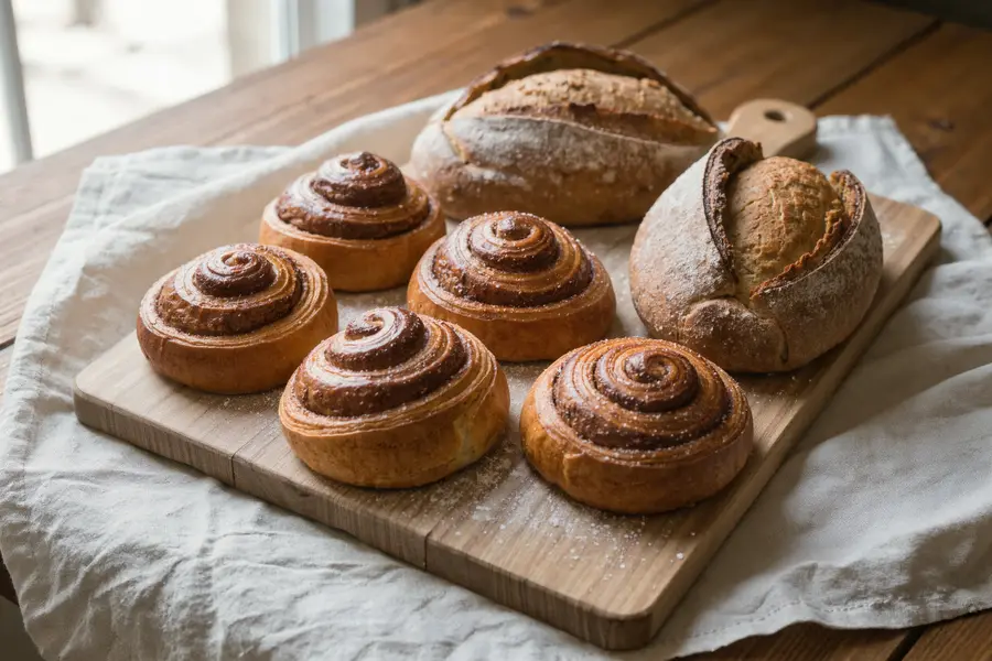 Surdejsbrød og kanelsnegle på et skærebræt
